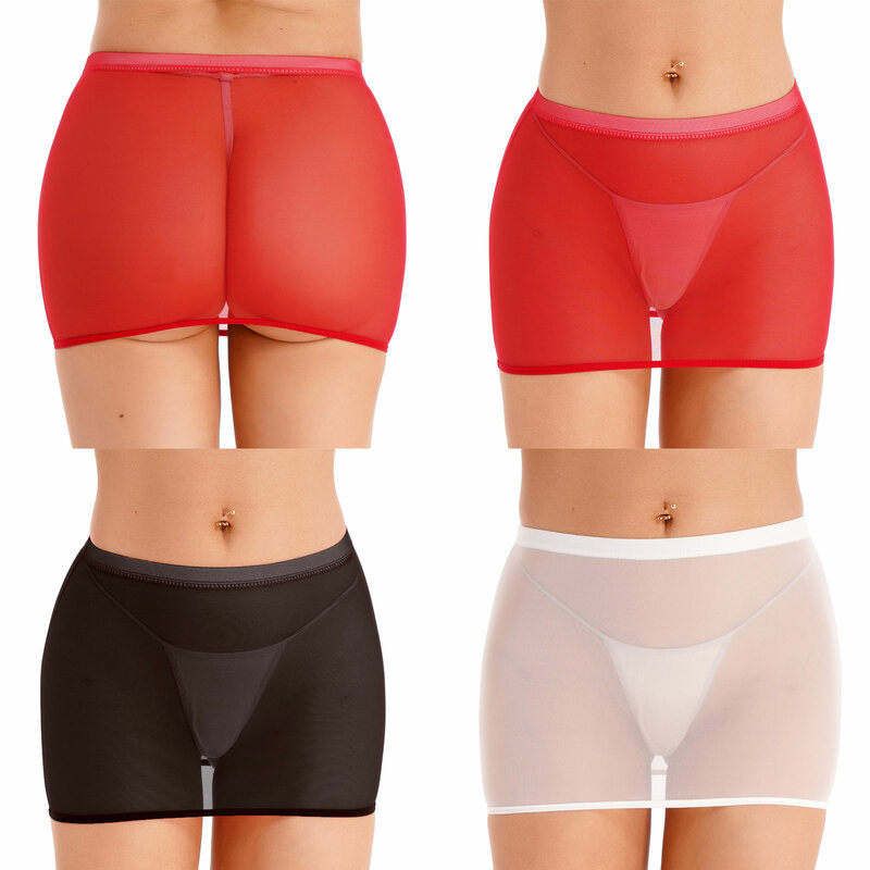 Minifalda elástica de malla transparente para mujer, minifalda Sexy, cadera ultracorta, tiro bajo, cintura elástica