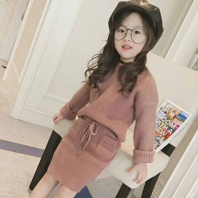 유아 2021 새로운 가을 베이비 양복 아이 세트 어린이 스웨터 스커트 소녀 겨울 스웨터 세트 여자 옷 두 조각 정장, #3707