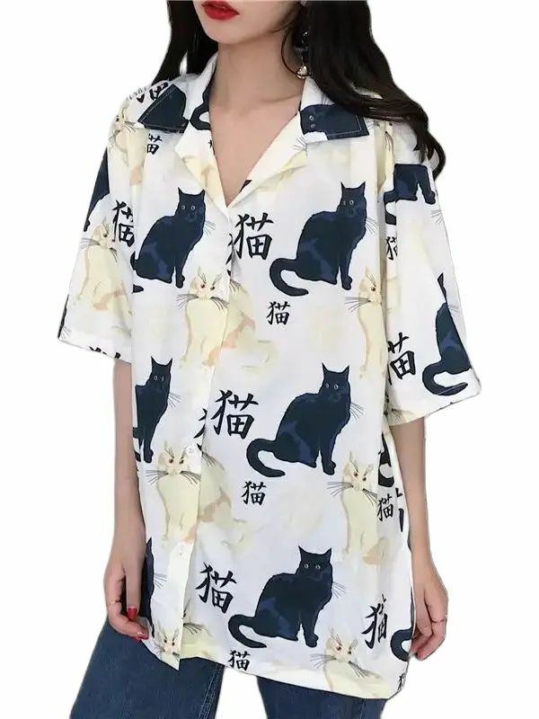 Camisa vintage de gato estampada feminina, top solto feminino, camisa que combina com tudo, roupa diária, faculdade, básico, solto, chique, design, diário, coreano