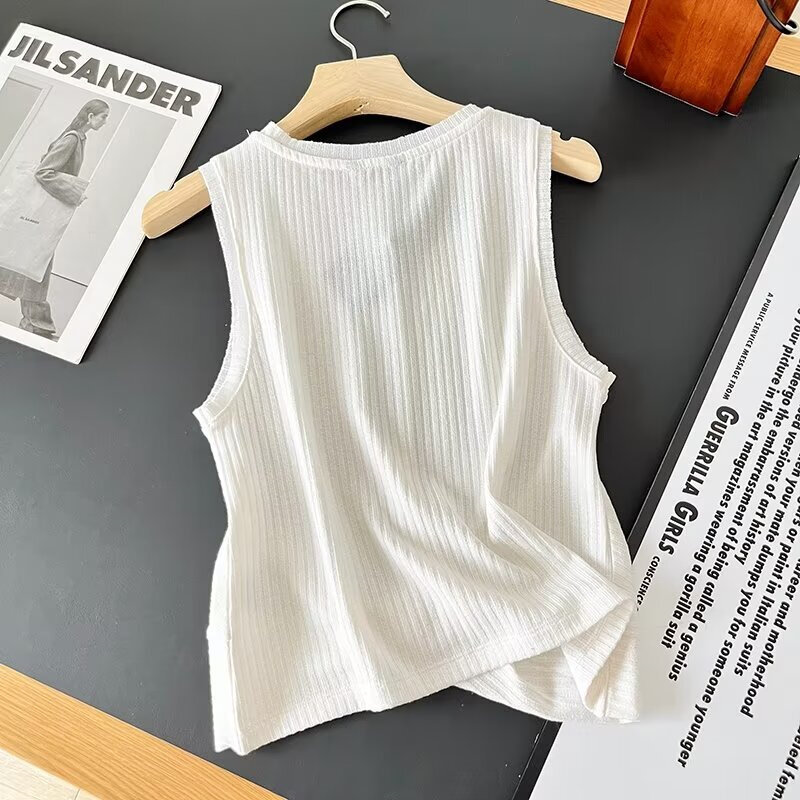 KEYANKETIAN 2024 New Launch Women's Linen sleeveless top Fashion Front Knot Decoration Thin Pullover Vest O-Neck Simply Camisole