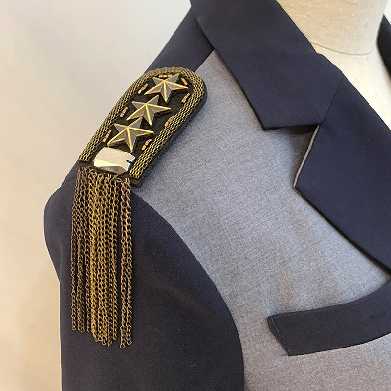 1Pc Vintage Five Star Tassel Chain Shoulder Board Badges Beads Fabric Metal Epaulet Epaulette Military Pin On Brooch Medal
