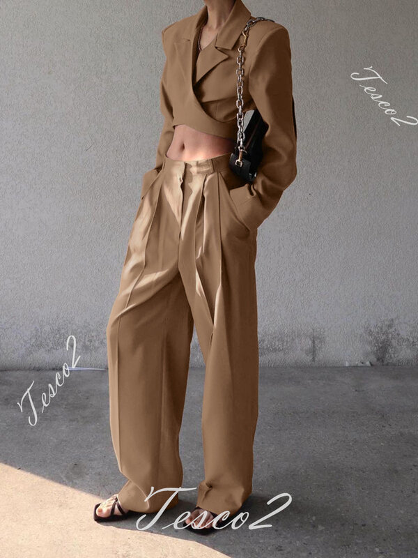 Tesco Trendy Pantsuit For Women Spring Short Crop Top+High Waist Wide Leg Pants Casual Blazer With Lace-up Women Chic Outfits