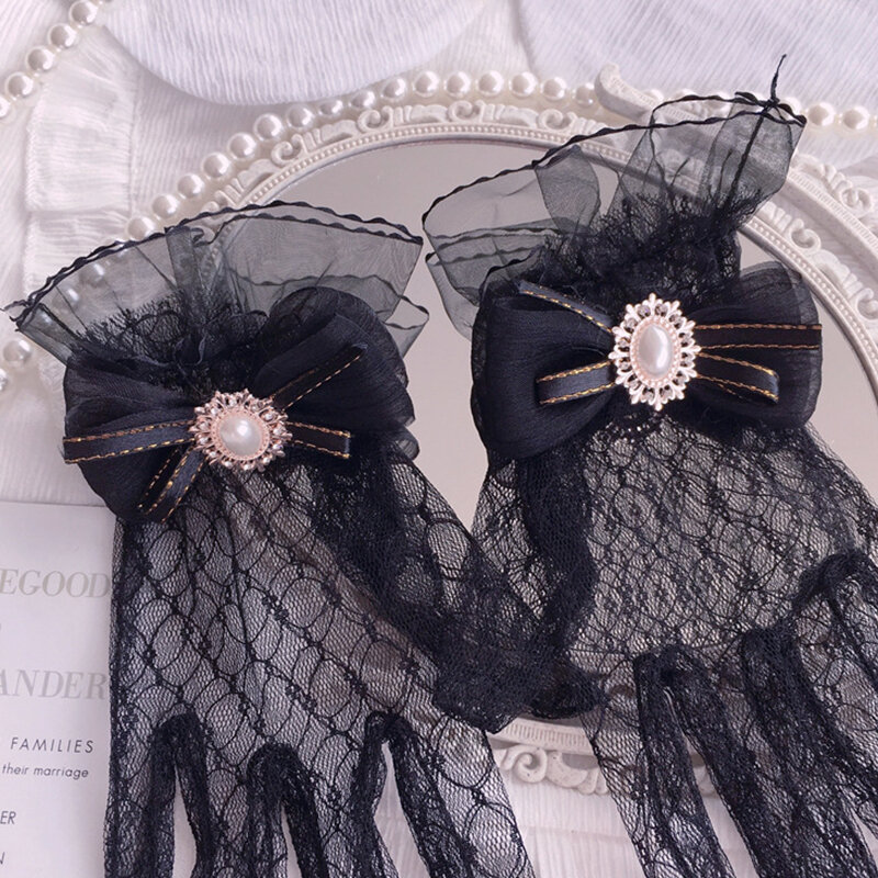 Koronkowe perłowe krótki ślubny rękawiczki Slim ślubne kokardka akcesoria suknia ślubna urodziny Cosplay damskie rękawiczki