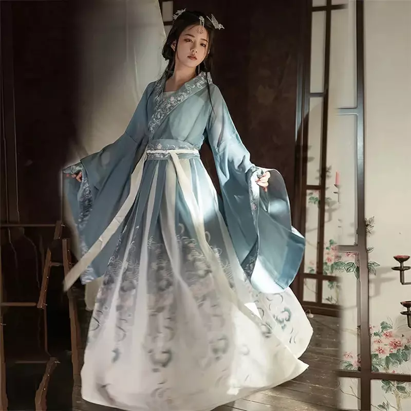 Hanfu gaun dansa wanita tradisional Cina, Hanfu karnaval putri kostum Cosplay panggung Hanfu biru & merah