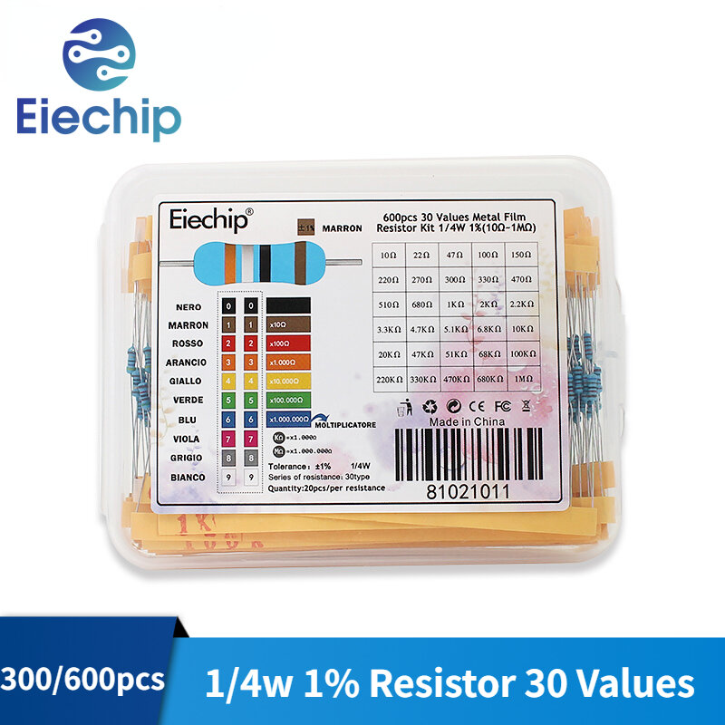 300/600pcs 1/4w Metal Film Resistor 30 Values Resistance Kit 10R-1M 0.25W 1% Resistors Set