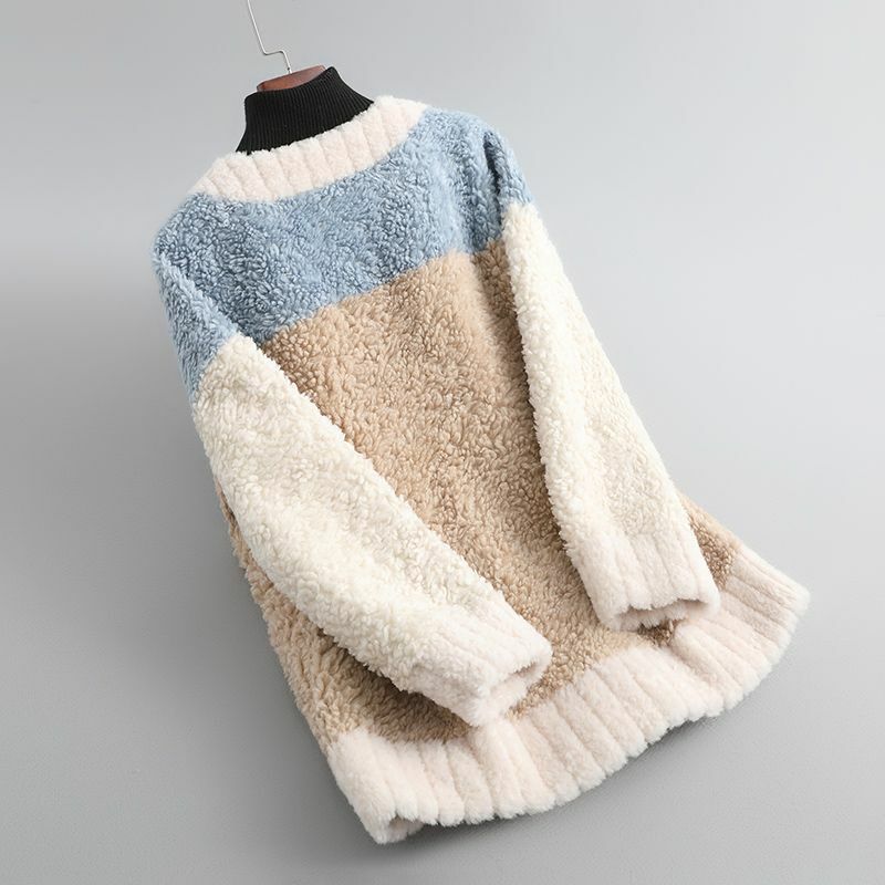 Casaco Leve de Ovelha Patchwork V-Neck, Integrado De Pele Artificial De Lã, Casaco Casual Fino, Moda, Outono, Inverno, 2023