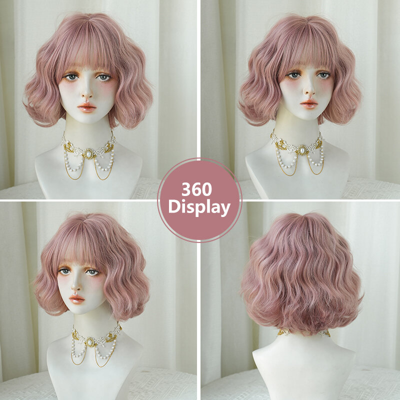 Wig Lolita 7JHH Wig sintetik pendek bergelombang Pink Wig Bob untuk gadis manis Wig kostum longgar kepadatan tinggi dengan poni lembut tanpa lem