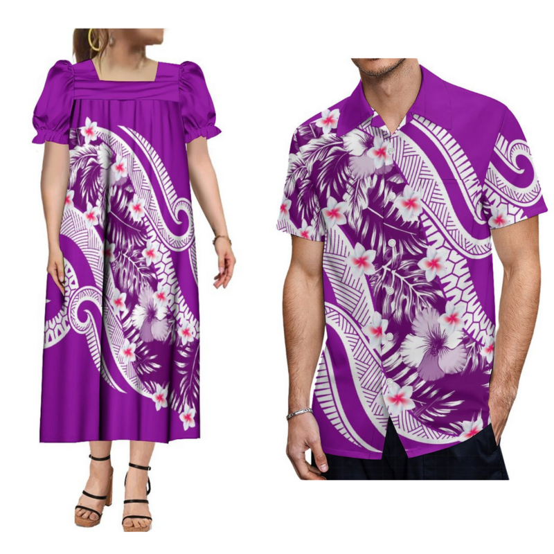Design polinesiano personalizzato micronesiano Mumu colletto quadrato abito soffiato e camicia da uomo Aloha coppia abbigliamento