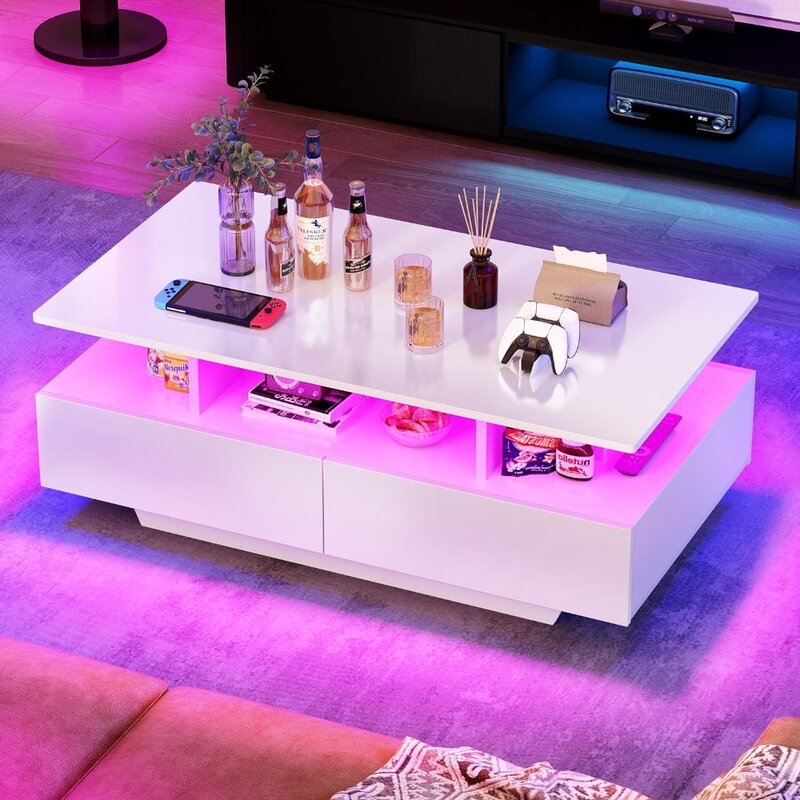 High Glossy LED Coffee Tables for Living Room, Center Table with Open Display Shelf & Sliding Drawers, White
