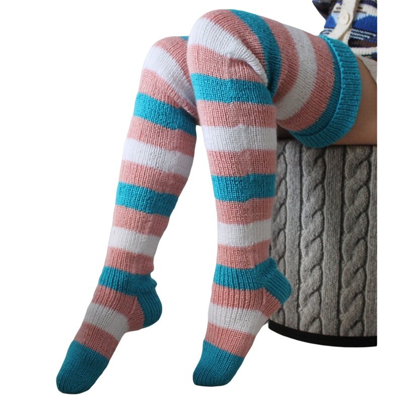 Ladies Knitted Stockings Adults Women Autumn Winter Leisure Style Mixed Color Stripes Knee-high Socks Long Stockings