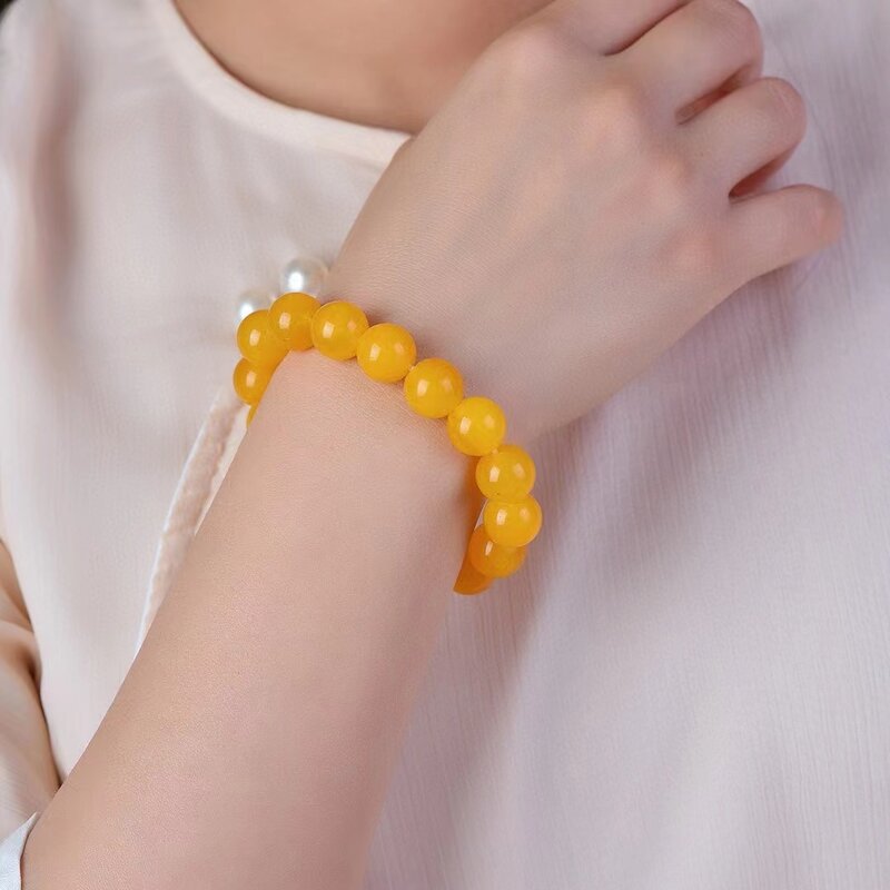 Golden Silk Jade Hand Chain Natural Amber Yellow Stone Elastic Bangle Womens Gemstone Bracelets Jewellery Charms Jewelry Gifts