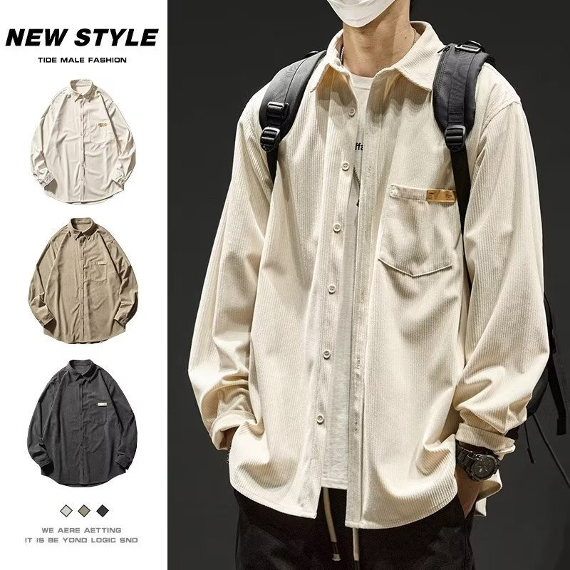 Autumn Long Sleeve Corduroy Shirts For Men Plain Y2K Vintage Cargo Shirt New Korean Fashion Loose Streetwear Blouses Clothes