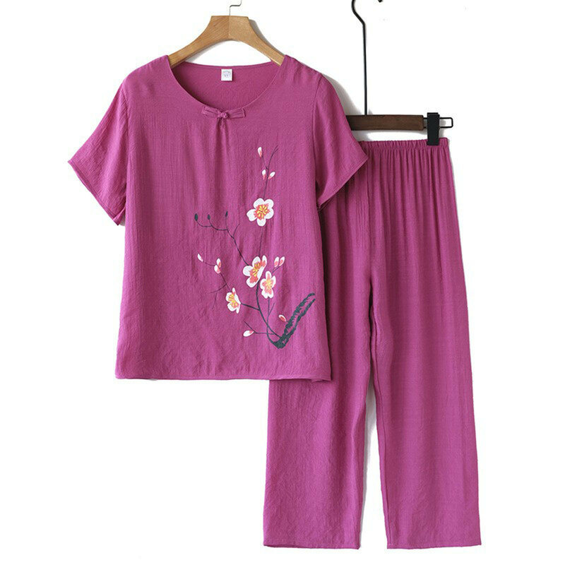Женский летний костюм из двух предметов, Повседневная хлопковая льняная рубашка с круглым вырезом, футболка с принтом, топы с коротким рукавом для пожилых, свободная блузка