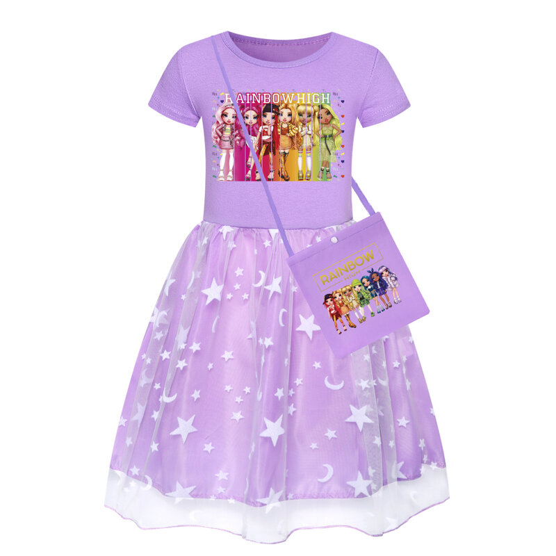 New Rainbow High Dress Baby Girls Short Sleeves Casual Dresses Kids Birthday Wedding Party Vestidos Children Halloween Outfits