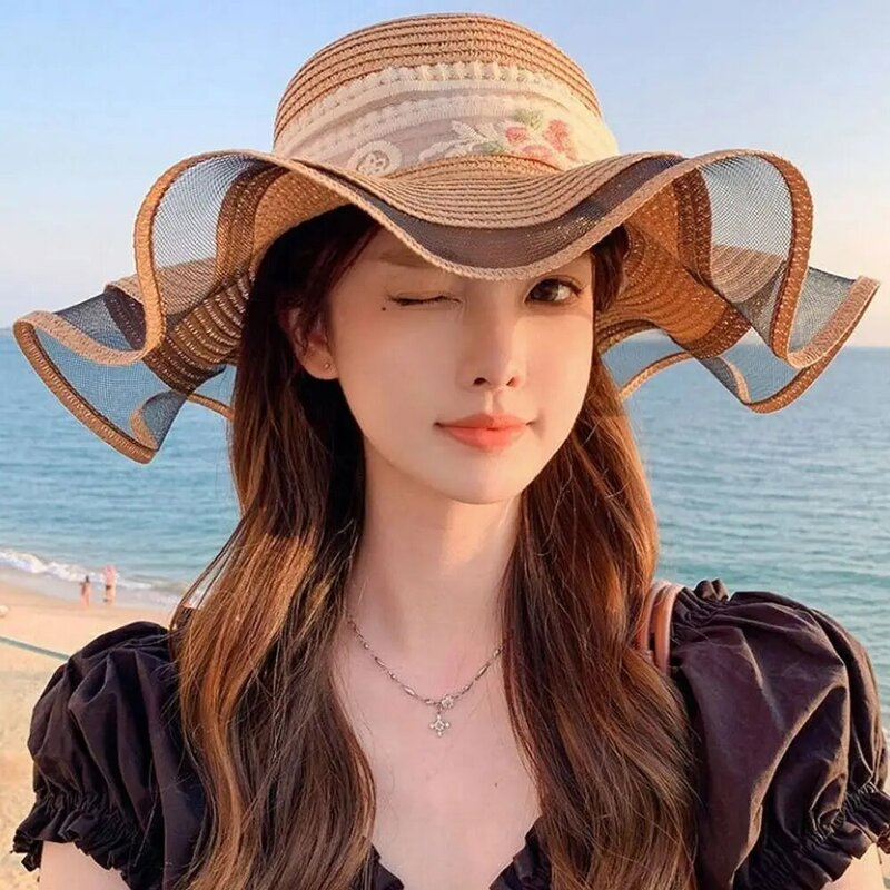 Topi penahan matahari wanita kasual topi nelayan perlindungan UV pita renda manis topi penahan matahari liburan pantai musim panas
