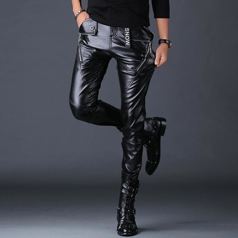 Nowa koreańska wersja luksusowych męskich spodnie skórzane główna ulica Rock mocno ołówek spodnie klub nocny Trend Punk spodnie motocyklowe