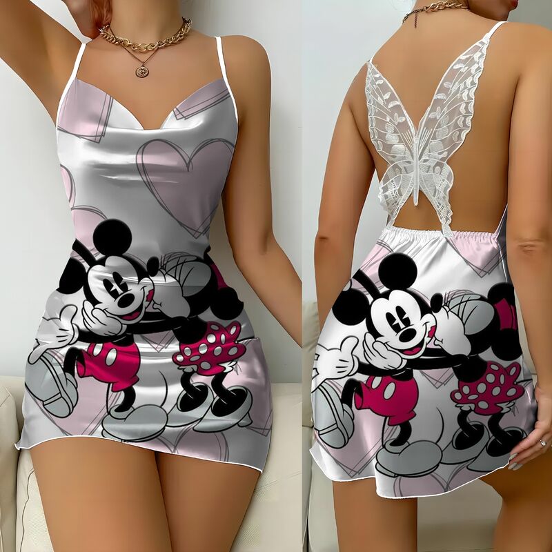 Myszka Minnie Satynowa powierzchnia Disney Moda Letnie sukienki 2024 Spódnica od piżamy Sukienka bez pleców Mickey Bow Knot Womens Party Mini Sexy