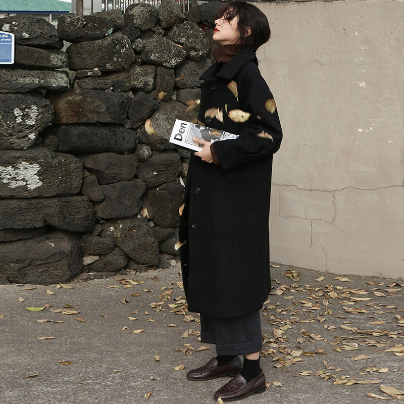 Abrigo de lana negro/morado de algodón grueso estilo británico elegante sobre la rodilla, abrigo de Cachemira para mujer, prendas de vestir coreanas con bolsillo para invierno