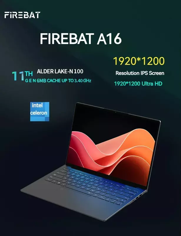 A16 Firebat 16นิ้ว100% sRGB DDR4บางเฉียบ16G RAM 1TB 1920*1200ลายนิ้วมือพกพา Intel N100โน๊ตบุ๊ค N5095แล็ปท็อป