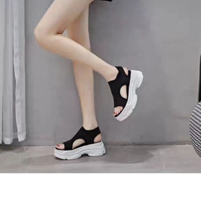Calçado esportivo casual para mulheres, Salto de cunha, Cobertura de pano elástico, Sandálias de plataforma, Moda verão