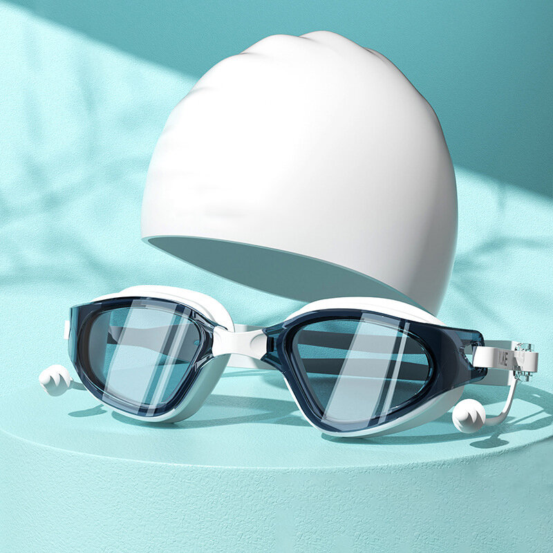 Óculos de natação HD para adultos, anti-nevoeiro, óculos de silicone impermeáveis com tampões, óculos anti-UV