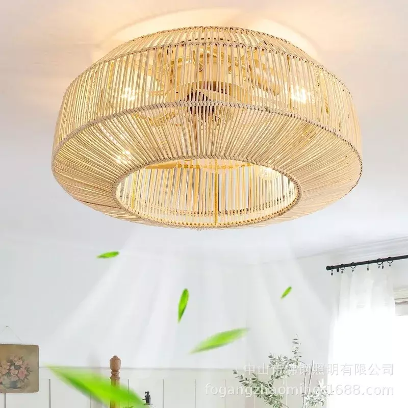 Morocco Hemp rope thread Rattan chandelier fan Retro Dining Living Room Integrated ceiling fan with light Braided Rope home fan