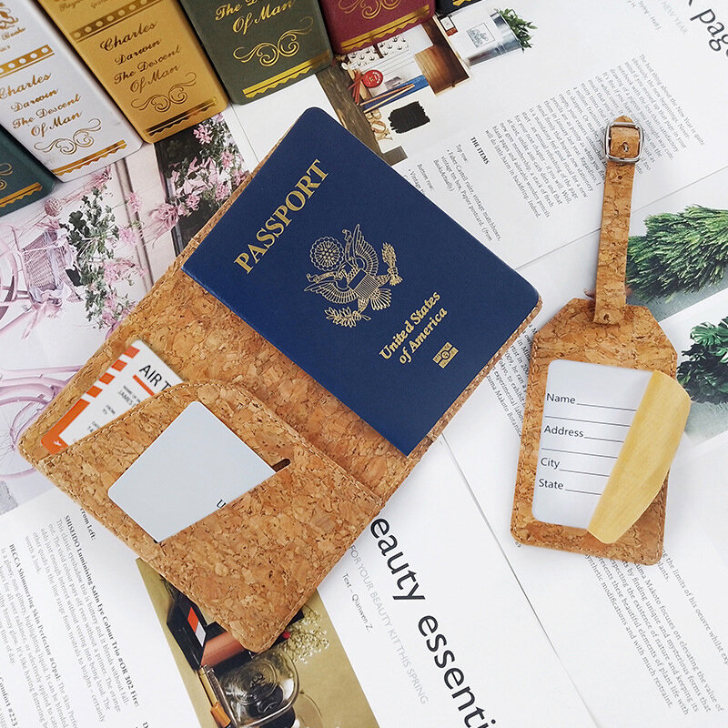 Set di etichette per bagagli con porta passaporto in sughero elegante e bello per capelli lisci di origine di fabbrica