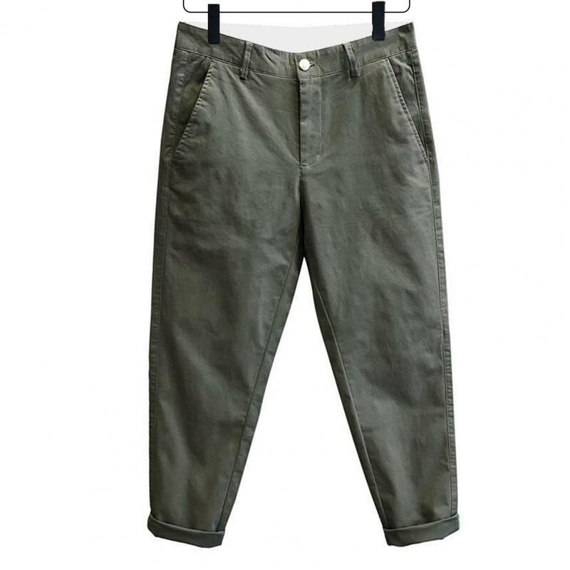Pantalones informales elegantes para hombre, pantalones ajustados con cintura media, tela transpirable de Color sólido, ropa de calle a la moda para el tobillo