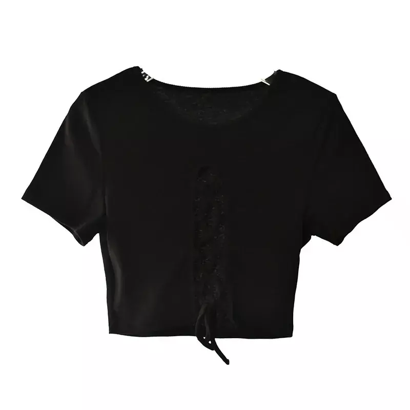 Женский однотонный укороченный топ с резинкой спереди, футболка с коротким рукавом и вырезами на шнуровке, модные облегающие укороченные топы в стиле пэчворк, YF12