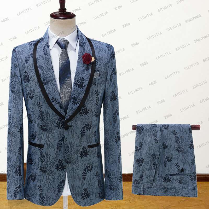 2023 New Tailor-Made Suits Men Blue Denim Jacquard Wedding Tuxedo With Velvet Shawl Lapel 2 Pieces Male Fashion Business Dress