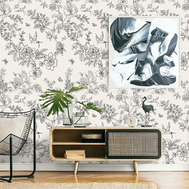 Papel de parede floral preto e branco, Peel and Stick, Papel de contato, Flores e pássaros, removível, auto-adesivo
