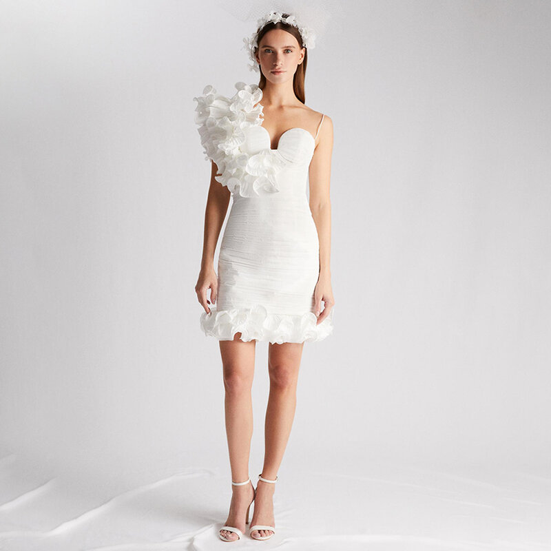 Short Wedding Dress Ruffle One Shoulder Sheath/Column Mini  Gowns for Women Sweetheart Custom Made Bridal Dresses Ivory