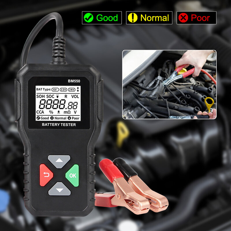 Battery System Detect 100-2000 CCA Car Battery Tool 6V 12V 24V Car Battery Tester Auto Battery Analyzer BM550 Black