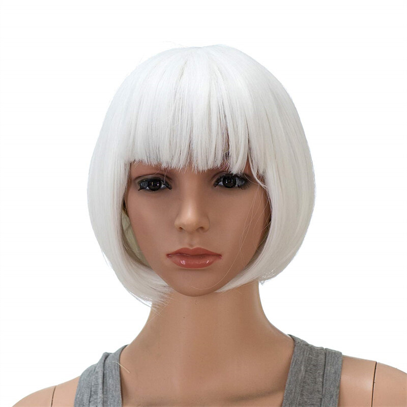 10 Inch Short Straight Bob Wig with Bangs Synthetic Colorful Cosplay Daily Party Wig for Women with Wig Cap (Platinum Bl