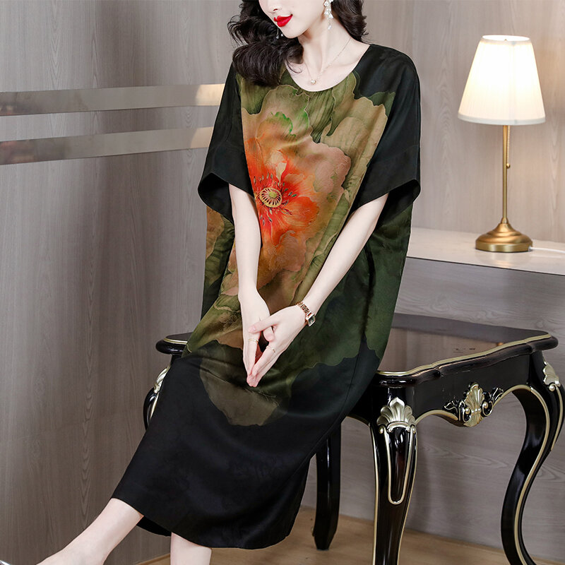 Женское шелковое платье до колена, свободное приталенное платье в стиле ретро с рукавами «летучая мышь» и зеленым цветочным принтом, весна-лето 2023