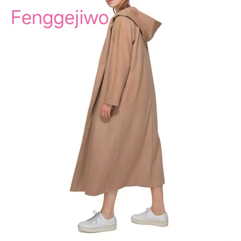 Fenggejiwo mantel wol bertudung, mantel panjang klasik musim gugur dan musim dingin