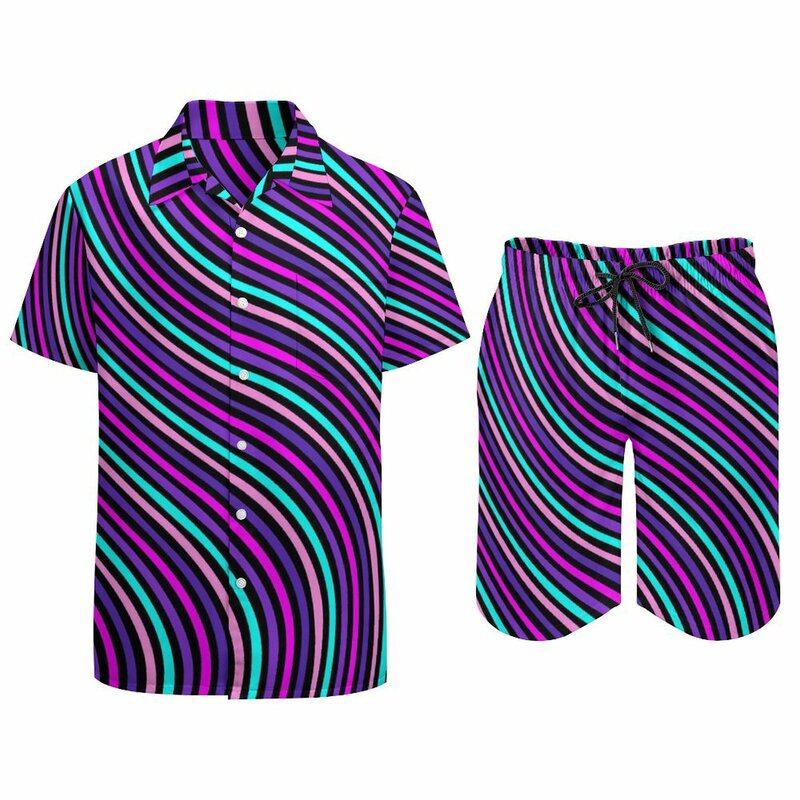 Set da uomo a righe colorate Set di magliette Casual Vintage di arte astratta Set di pantaloncini di Design a maniche corte vestito per le vacanze estive taglia grande 2XL 3XL