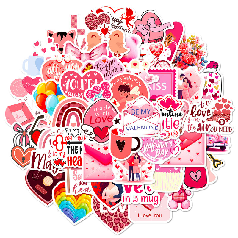 50 buah stiker grafiti seri Valentine cinta merah muda cocok untuk dekorasi cangkir Desktop Laptop mainan stiker DIY