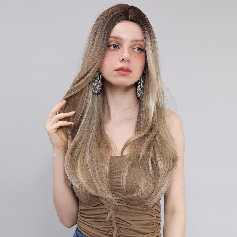 Perruque de cosplay en fibre synthétique pour femme, cheveux raides bruns, partie centrale, naturel, degré de chaleur 03/Party, 24 pouces