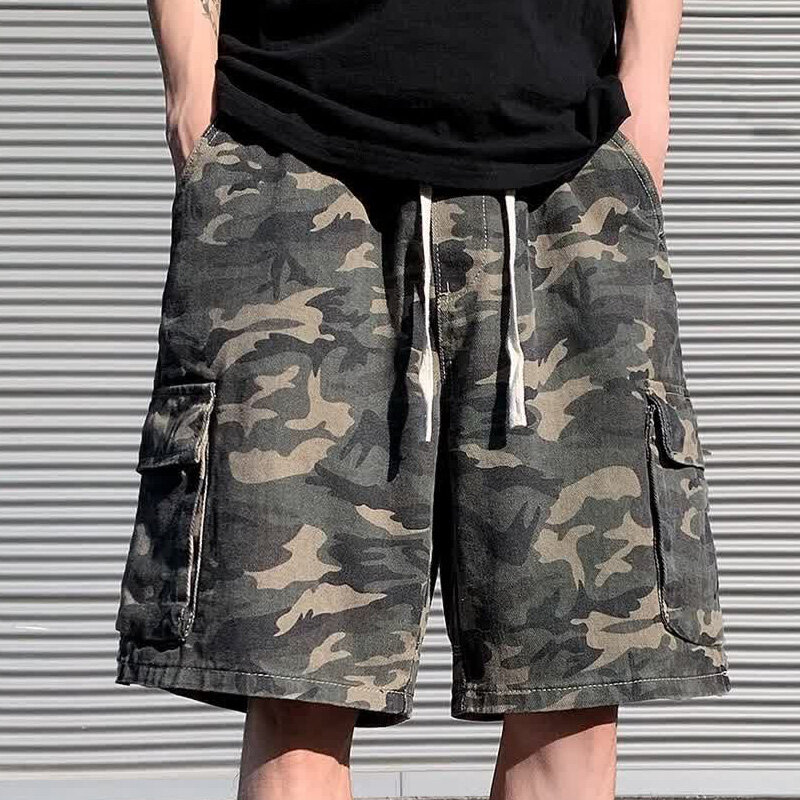 Zomer Nieuwe Camouflage Mode Elastische Taille Rechte Broek Man High Street Pockets Patchwork Katoenen Trekkoord Knielengte Broek