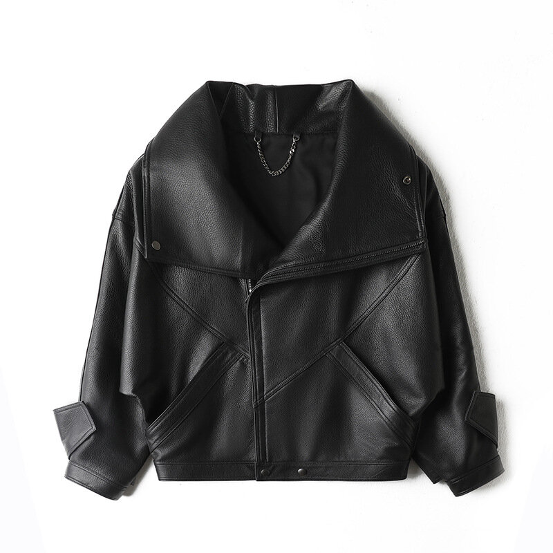 Genuine leather jacket top layer, lychee pattern, sheepskin, large lapel, bat sleeve, short motorcycle jacket jacket