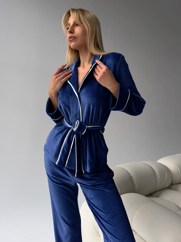Marthaqiqi Winter Female Pajama Suit Long Sleeve Nightwear Lace Up Nightgown Turn-Down Collar Sleepwear Pants Home Clothes Women