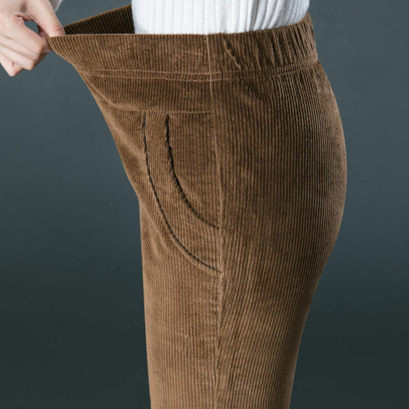 Pantalon droit en velours côtelé pour femme, 3 couleurs, filetage FjScrew, sauvage, inélastique, taille élastique, longueur de rinçage, garde au chaud, deux poches