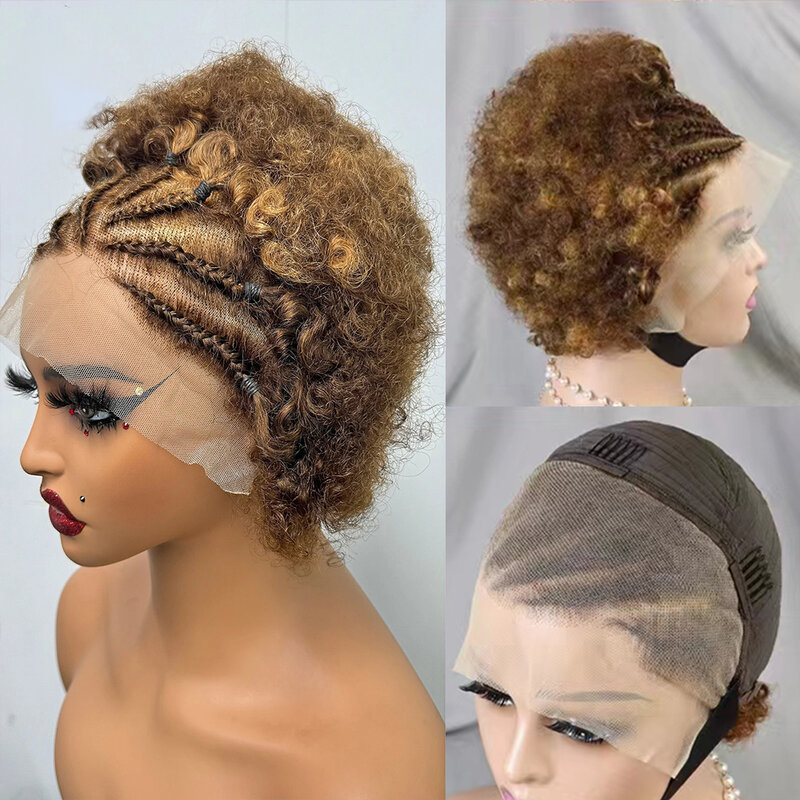 MissDona-Perruque Lace Front Wig Remy Naturelle Bouclée, Cheveux Humains, 13x4, Brun Mixte, avec Tresses, pour Femme Africaine
