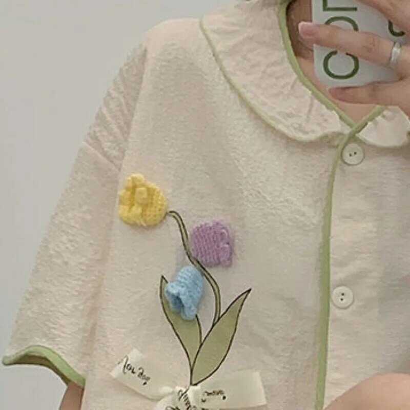 Пижамный комплект женский тонкий со складками, Студенческая кружевная пижама в японском стиле, милая хлопково-льняная одежда для сна с коротким рукавом, на лето