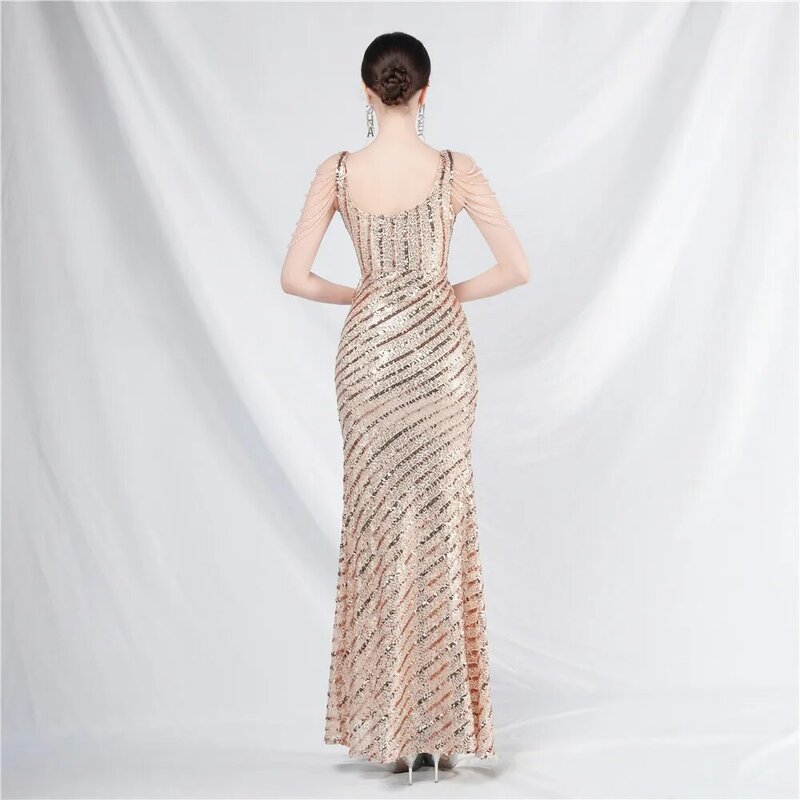 DEERVEADO Mermaid Slit Sequined Luxury Beading Evening Dresses for Woman Elegant Party Maxi Dress Formal Occasion Dresses