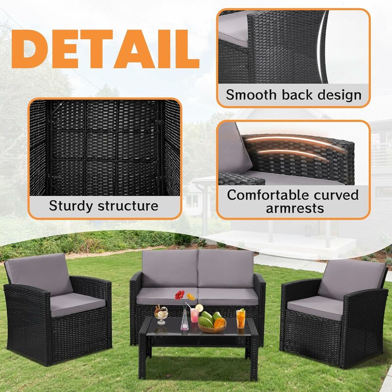4 Pieces Patio Conversation Set, Outside Rattan Sectional Sofa, Cushioned Furniture , Wicker Sofa Ideal for Garden, Porch