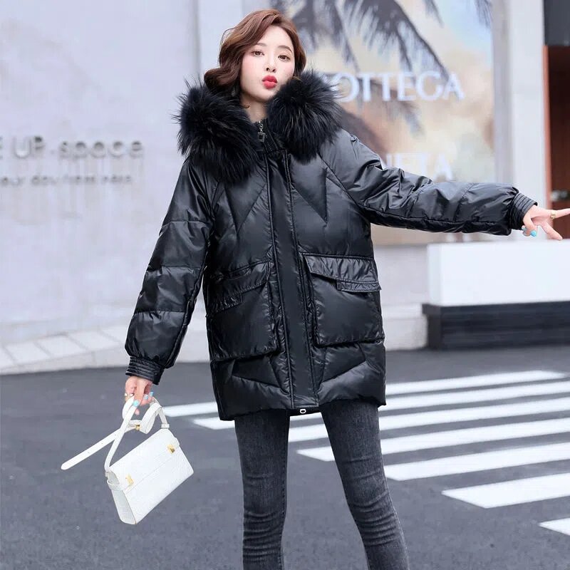 2023 Down Cotton-Padded Jacket Women's Long Heavy Fur Collar New Bright Face Thickened Parka Bread Clothing Hooded Coat Warm