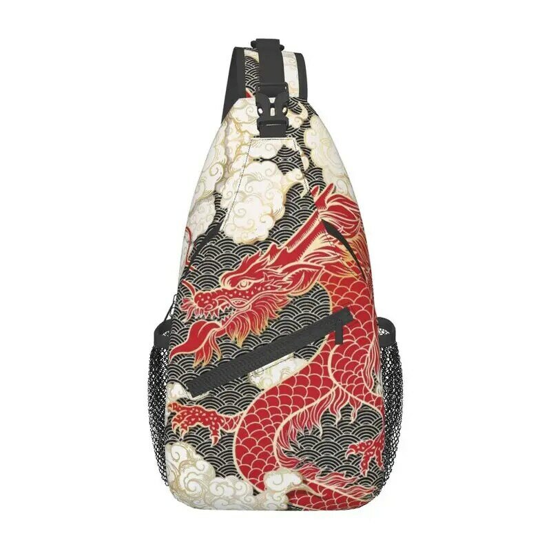 Mochila cruzada con patrón de tótem de dragón rojo chino para hombres, bolsos de pecho de hombro de estilo asiático tradicional para acampar y ciclismo