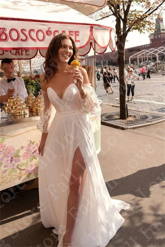 2024 seksowne sukienki ślubne na plaży z koronką w stylu Boho odpinane rękawy w kształcie linii boczne rozcięcie suknie ślubne o długości podłogi wykonane na zamówienie